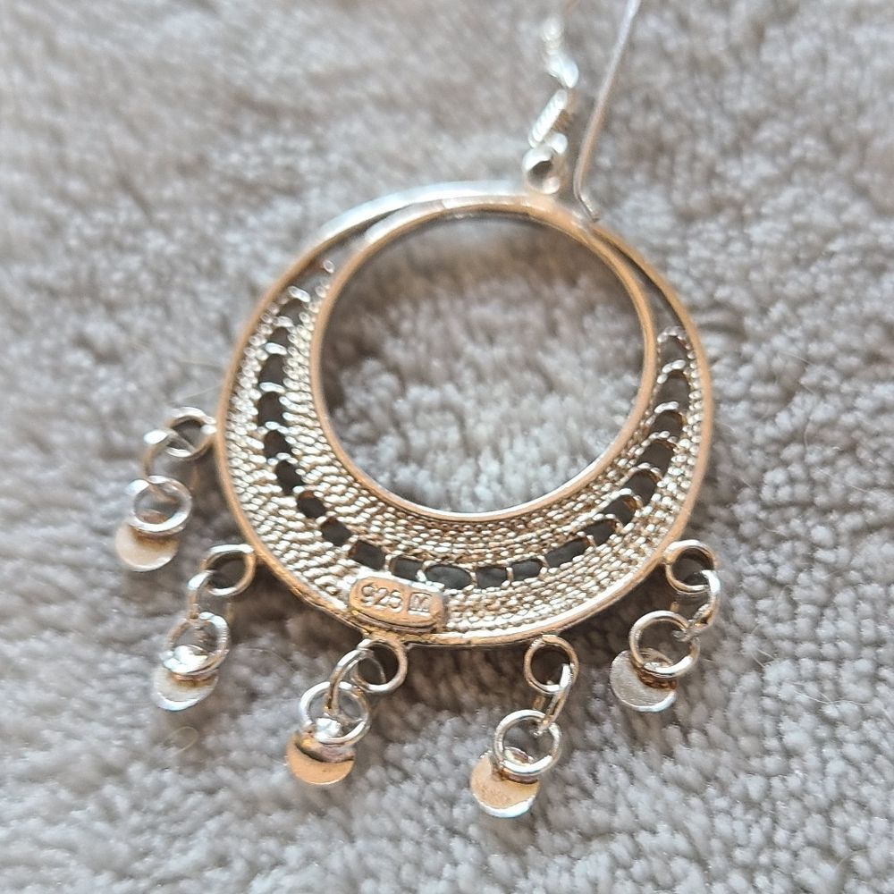 Sterling Silver 925 Dangle Hoop Earrings - Picture 3 of 5